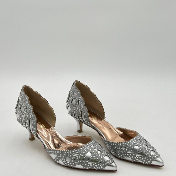 XYD Silver Elegant Pointed Toe D'Orsay Kitten Low Heel Rhinestone Studs Pumps - Picture 4 of 8